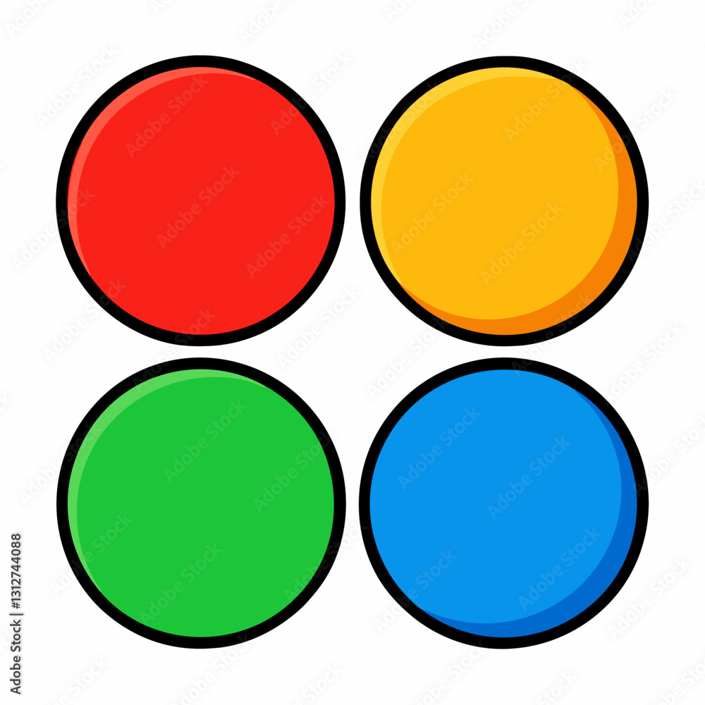 Four colorful circles arranged in a square shape. Each circle has a different vibrant color with black border vector illustration Four colorful circles arranged in a square shape. Each circle has a different vibrant color with black border vector illustration