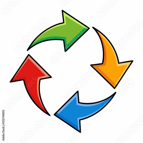 a vibrant illustration of a circular arrow diagram in four colors, symbolizing cycle, process, or rotation, vector illustration