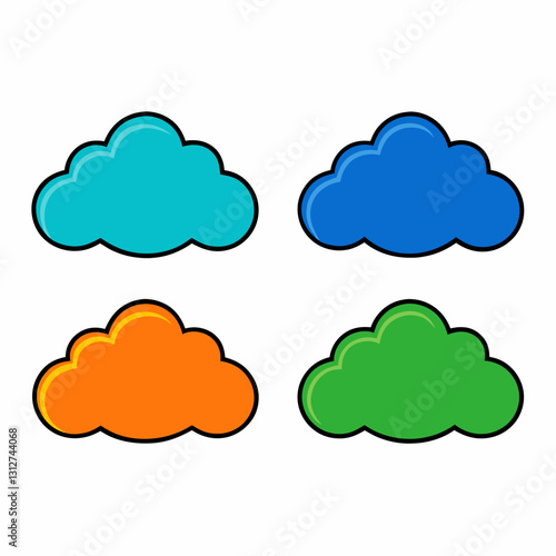 A set of four colorful cloud icons with outlines, representing weather and atmospheric concepts  vector illustration