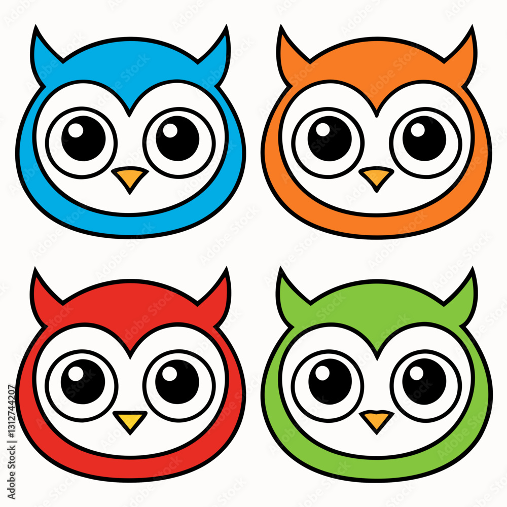Fototapeta premium a set of four colorful owl cartoon illustration, each in a different vibrant hue: blue, orange, red, and green. These adorable owls have large, expressive eyes and a simple, appealing design