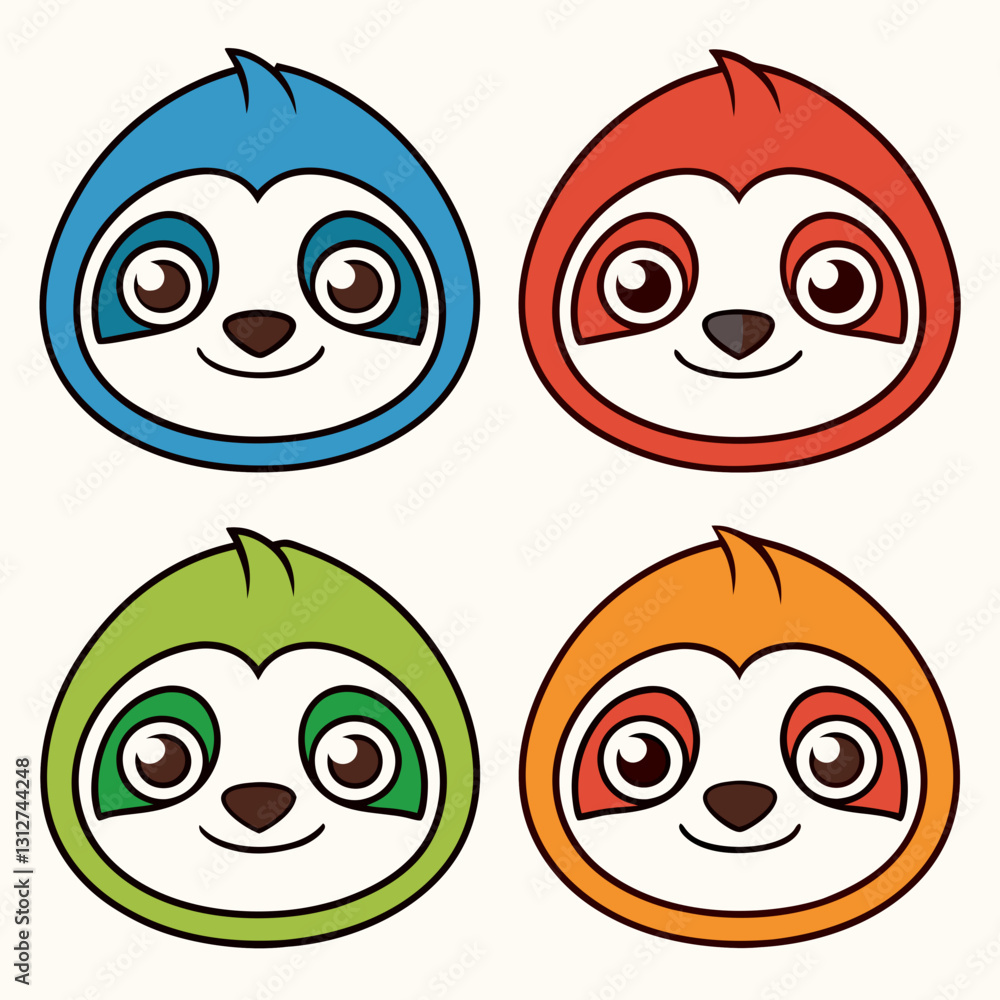 set of four different colored cartoon sloths mascot heads, each with a unique expression. The sloths are depicted in blue, red, green, and orange, each has a different personality, vector illustration