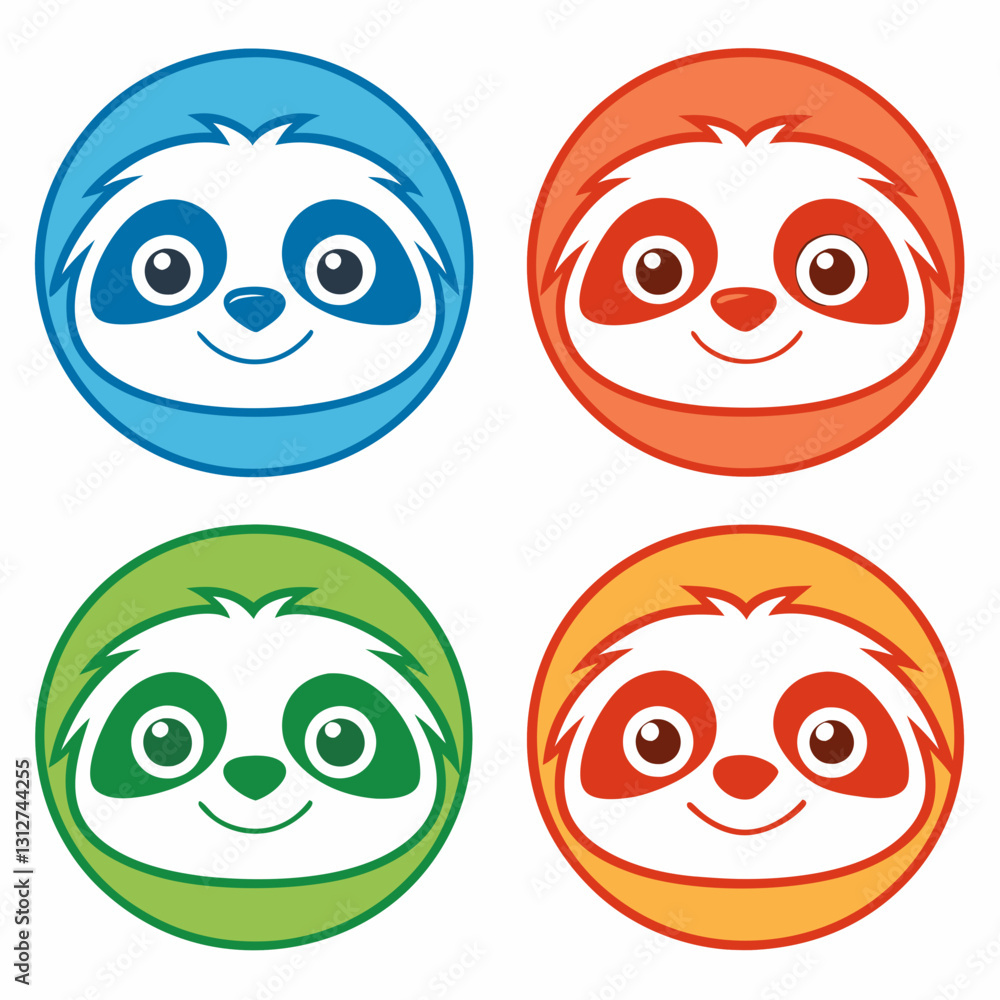 set of four colorful sloth mascot heads characters in round frame showing playful and joyful expressions vector illustration set of four colorful sloth mascot heads characters in round frame showing playful and joyful expressions vector illustration