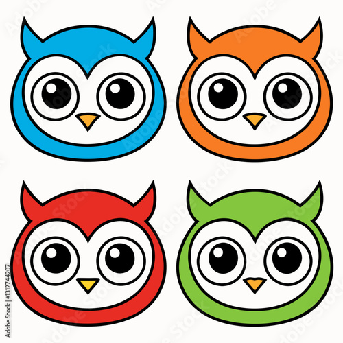 Wallpaper Mural a set of four colorful owl cartoon illustration, each in a different vibrant hue: blue, orange, red, and green. These adorable owls have large, expressive eyes and a simple, appealing design Torontodigital.ca