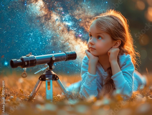 Little girl looking through a telescope with curiosity. She lies on her stomach, holding the telescope with both hands. Surrounding her are bright lights, creating an atmosphere of magic and wonder. S