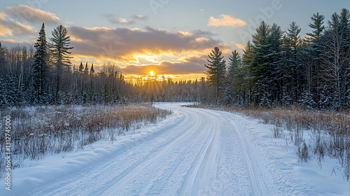 Snowy winter sunset forest road