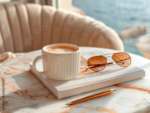 A white cup filled with coffee sits on a marble table. Next to it, a book with a white cover rests, holding a pair of sunglasses with brown lenses. A golden pen lies nearby. In the background, a soft 