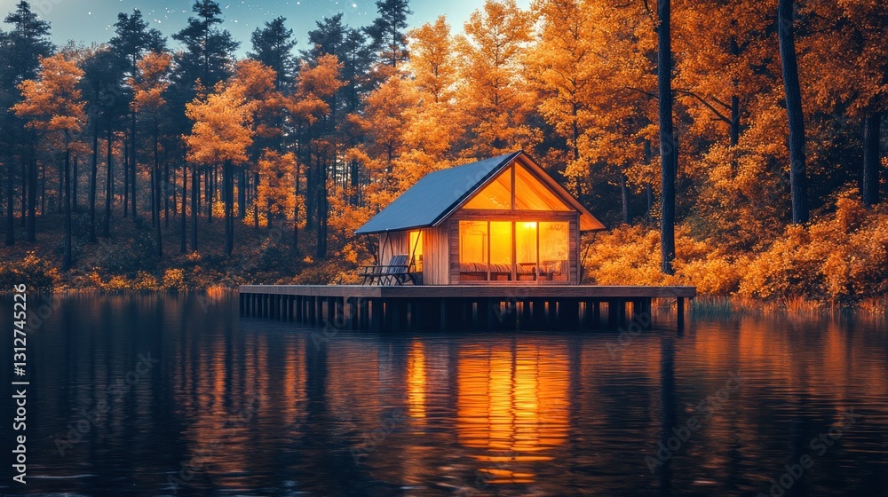 Fototapeta premium Autumn cabin on a lake at dusk