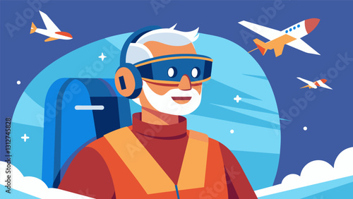 An elderly man reminisces on his days as a pilot by taking a virtual flight and controlling the plane feeling the sensation of being up in the sky once again.. Vector illustration