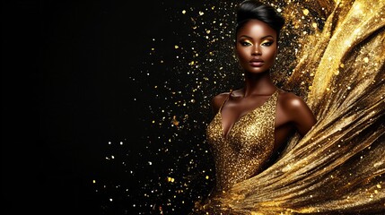 Fotobehang Zwart goud Glamoureuze vrouw in glanzende goudjurk  © Raul