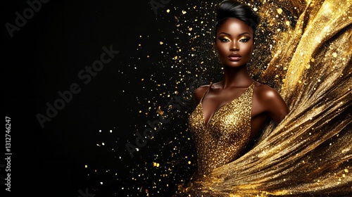 Stunning Black woman in a shimmering gold dress, radiating elegance and glamour against a dark background.