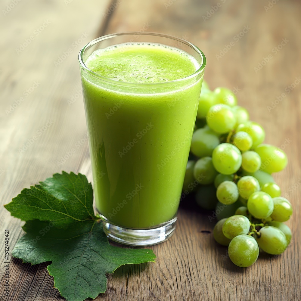 Refreshing green juice served in glass with fresh grapes and leaves on rustic wooden table. Generative AI Refreshing green juice served in glass with fresh grapes and leaves on rustic wooden table. Generative AI
