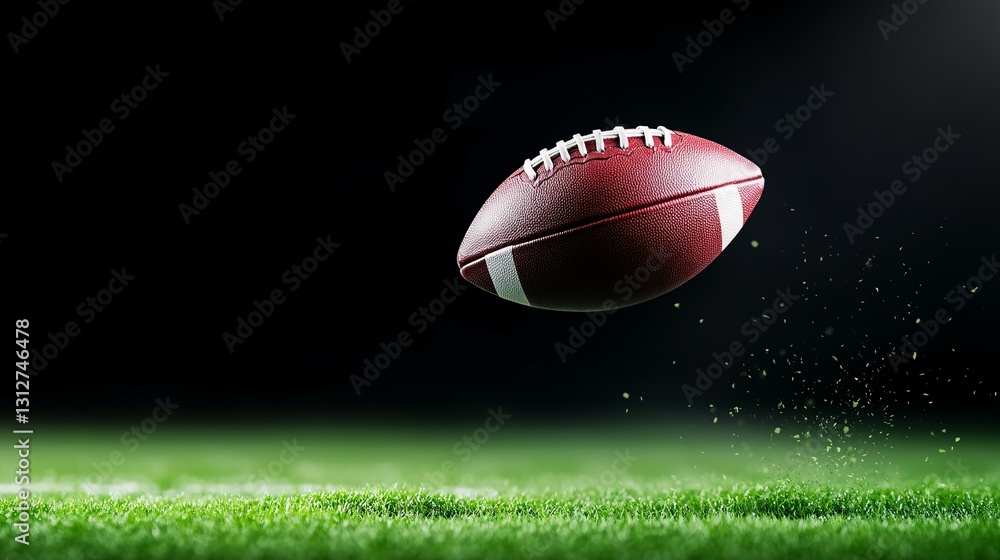 An American football is floating above a green grassy field An American football is floating above a green grassy field