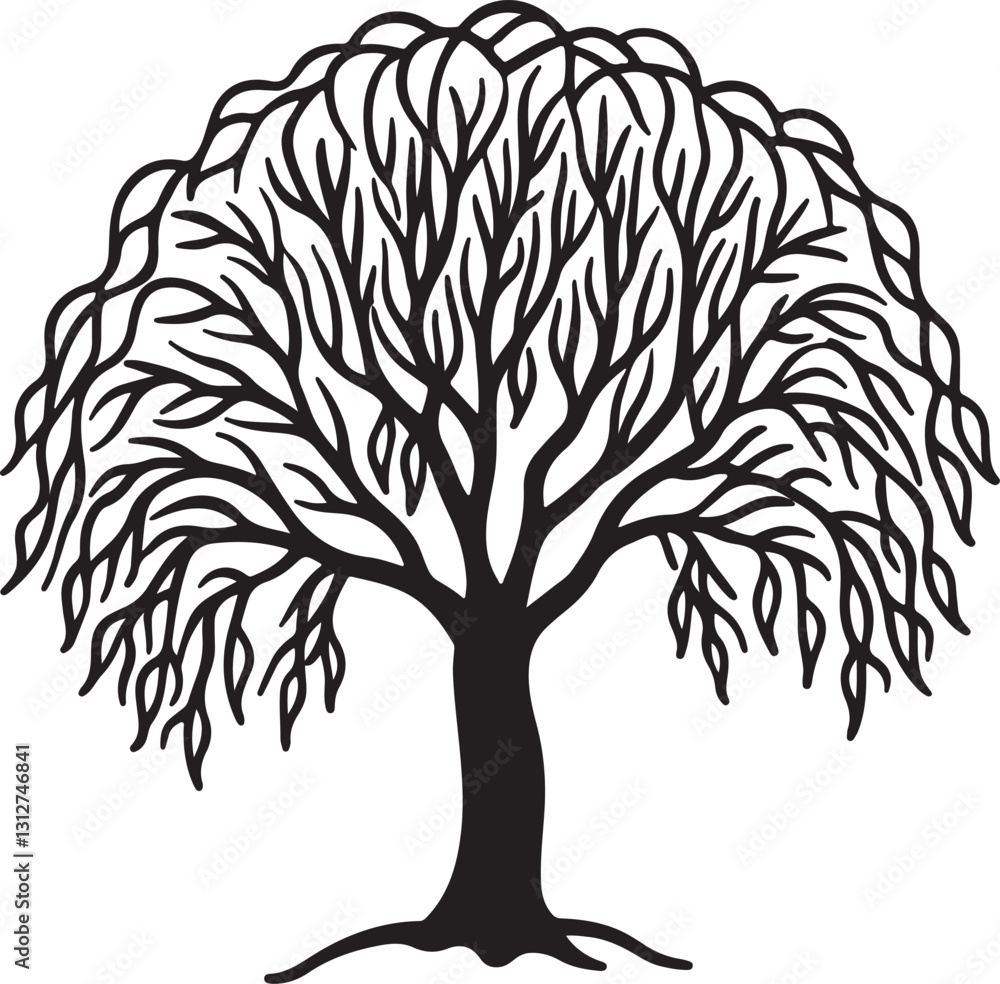 Obraz premium willow tree silhouette, black and white silhouette, vector and&nbsp;illustration