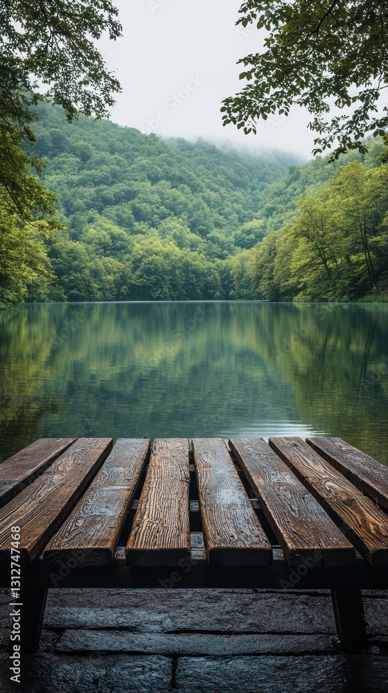Serene lakeside retreat a rustic table amidst natures tranquility Serene lakeside retreat a rustic table amidst natures tranquility