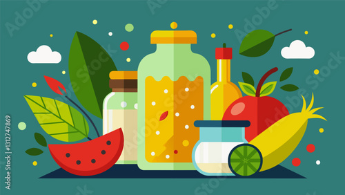 Vinegar salt and es come together to create an assortment of tangy zesty homemade pickles.. Vector illustration