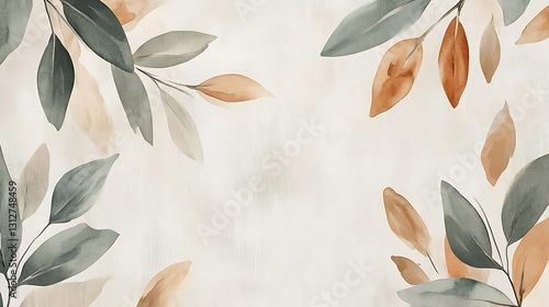 Watercolor autumn leaves border on beige background.  Elegant design