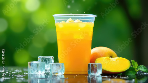 Wallpaper Mural Refreshing mango juice with ice cubes and fresh fruit against a green, blurred background. Concept of: Tropical refreshment. Torontodigital.ca