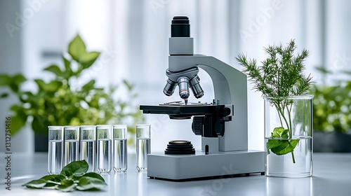 Microscope and Plants in Laboratory Setting, A laboratory scene with a microscope and various plants in glass containers