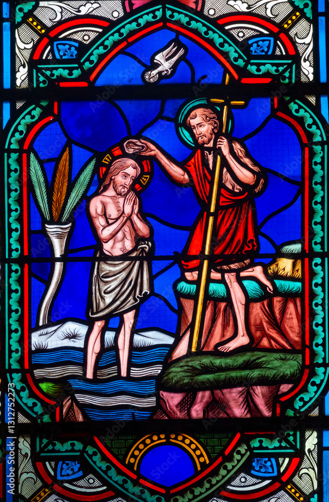 Fototapeta premium 2025-01-26, Église Saint Marc - Orléans, FRANCE. Stained glass (19th century) of Baptism of Jesus by John the Baptist in the Jordan river. 