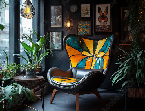 a sleek black leather chair with wooden legs showcases an eclectic mix of