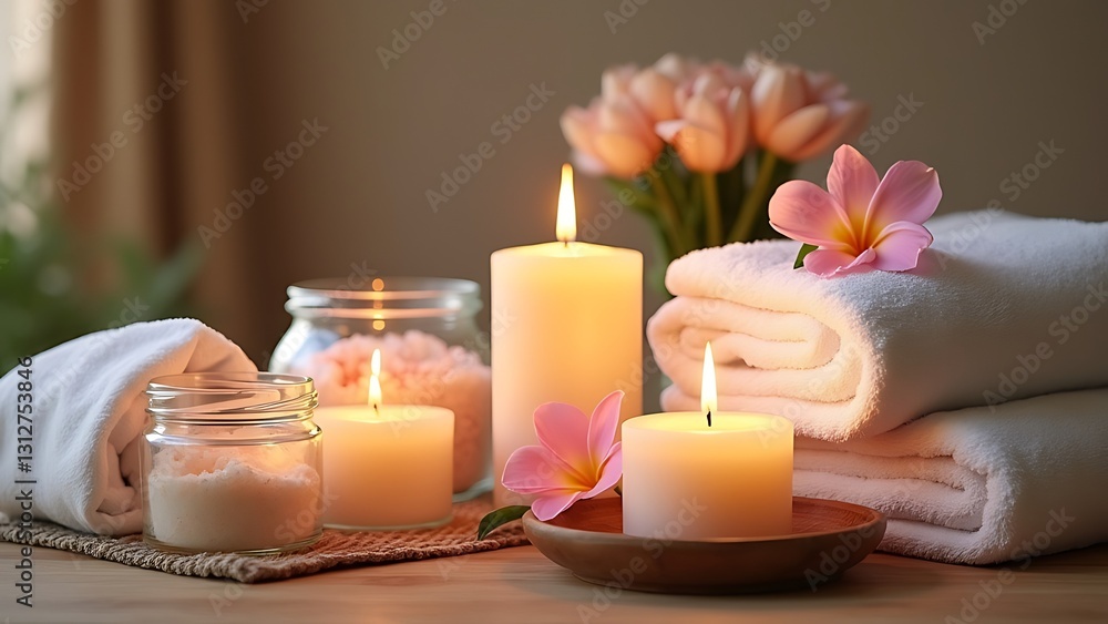 spa relaxation scene - towels, candles, bath salts, flowers spa relaxation scene - towels, candles, bath salts, flowers
