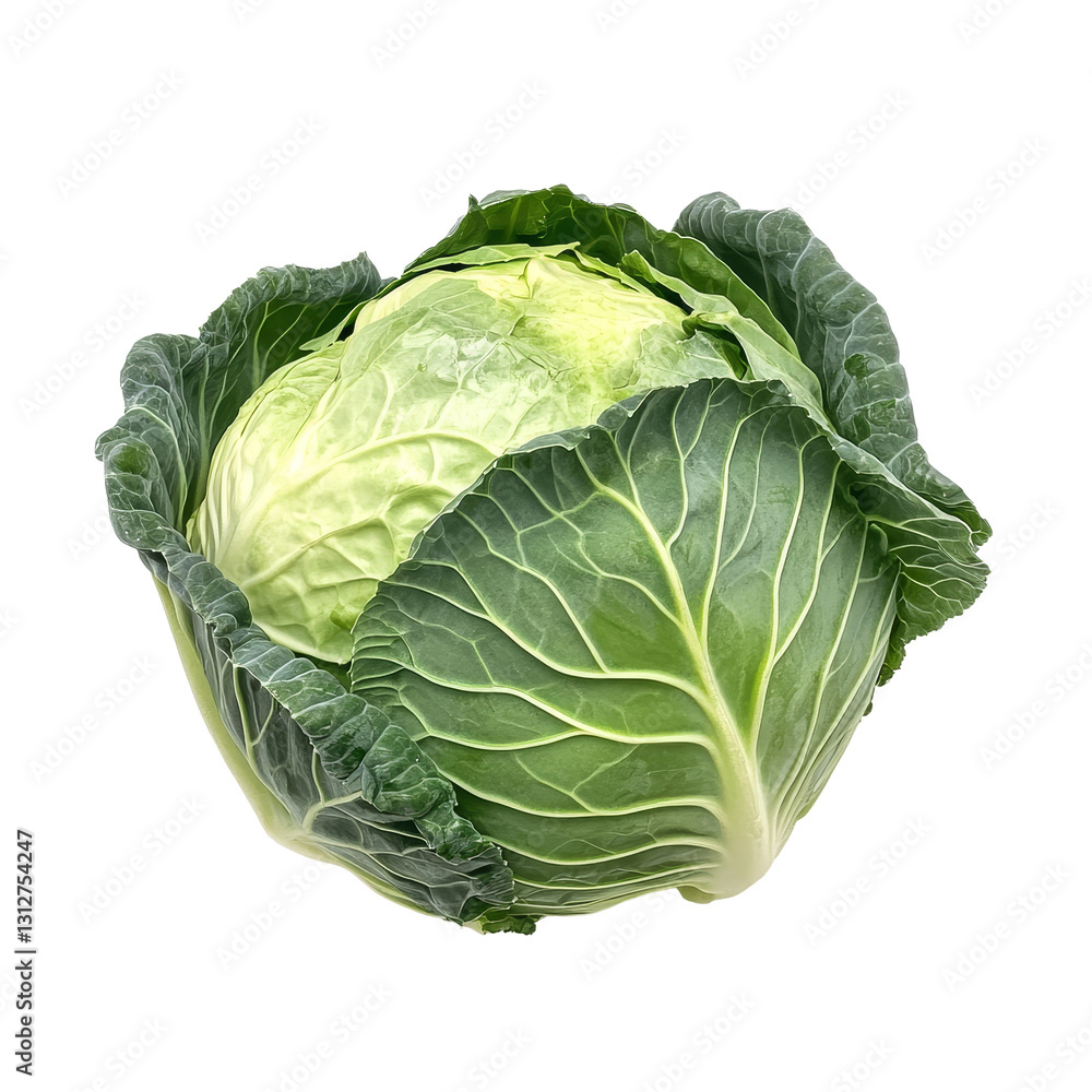 Fototapeta premium Fresh green cabbage on a transparent background showcasing its vibrant color and texture, perfect for culinary uses, Cabbage vegetable food ingridient transparent background
