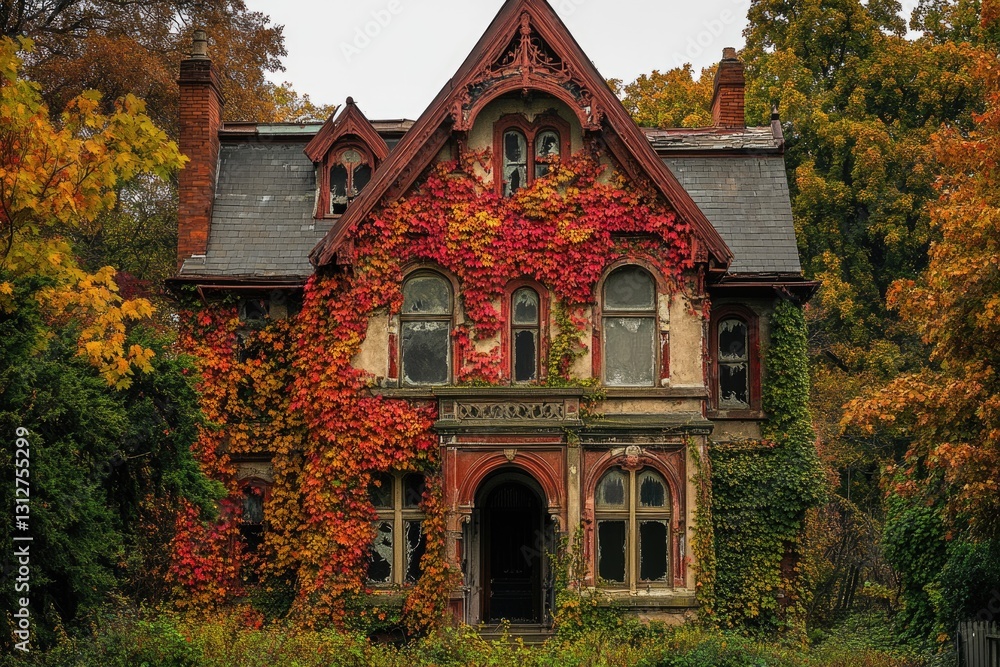 A derelict Victorian mansion, overtaken by autumnal ivy, stands as a testament to time's passage. A derelict Victorian mansion, overtaken by autumnal ivy, stands as a testament to time's passage.