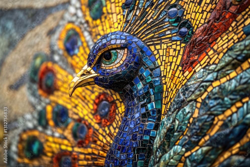 Obraz premium A vibrant mosaic artwork depicting a peacock's head and tail feathers in dazzling detail.
