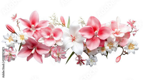 Pink and white flowers creating a beautiful floral arrangement on transparent background