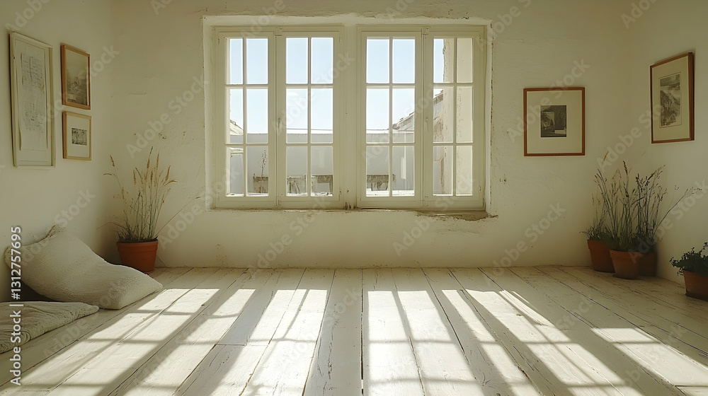Fototapeta premium Sunny, minimalist room with large windows