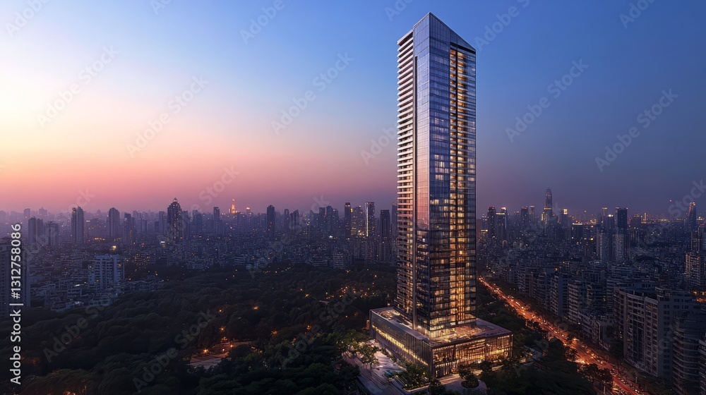 Fototapeta premium Futuristic skyscraper with sleek, modern architecture, illuminated at night, set against a city skyline 