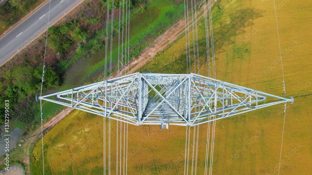 High-voltage power lines pass through agricultural areas in rural areas. Large power transmission lines are located on electric poles. electricity pylons  Power line