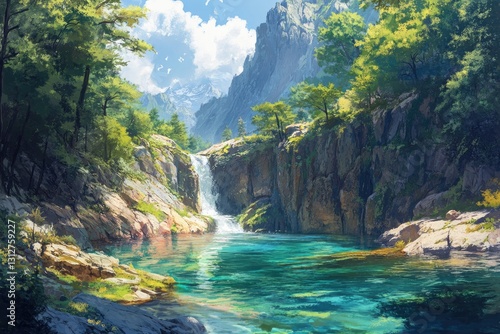 A hidden valley surrounded by steep cliffs, where a crystal clear river flows through the center, reflecting the vibrant greens of the dense pine forest lining its edges