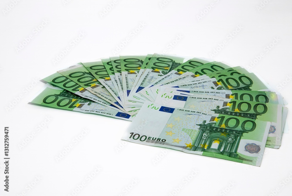 Close-up of 100 Euro Banknotes Isolated on White Background Close-up of 100 Euro Banknotes Isolated on White Background