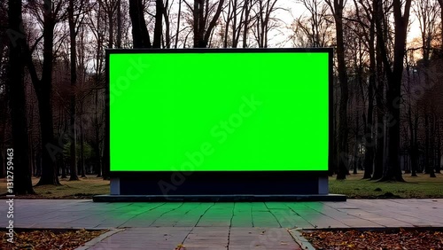 Outdoor Billboard with Green Screen Display in Autumn Park with Trees During Evening