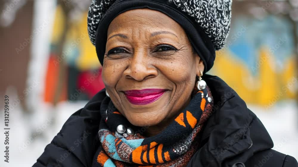 Smiling senior woman in winter attire with vibrant scarf enjoying a snowy day in an urban park Smiling senior woman in winter attire with vibrant scarf enjoying a snowy day in an urban park
