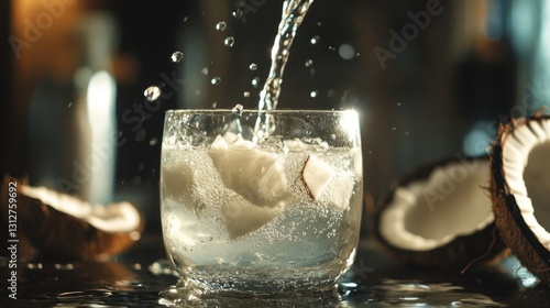 Refreshing Coconut Water Splash in Glass with Chunks of Coconut Surrounded by Coconut Shells