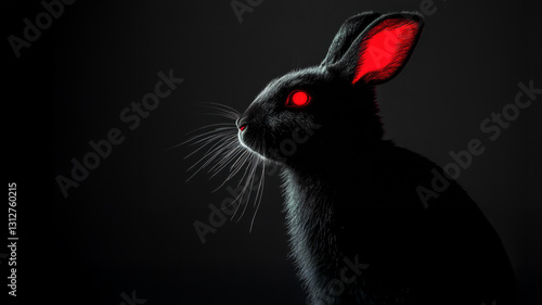 Evil bunny. A black rabbit with glowing red eyes, ears, and nose isolated against a black background. Copy space.