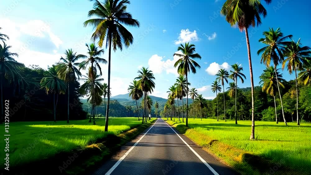 Road Amidst Palm Trees and Lush Green Fields Under a Clear Blue Sky on a Sunny Day Road Amidst Palm Trees and Lush Green Fields Under a Clear Blue Sky on a Sunny Day