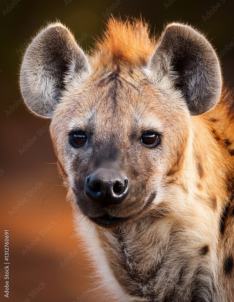 Close-up of a hyena showing keen expression in a natural habitat during golden hour Close-up of a hyena showing keen expression in a natural habitat during golden hour