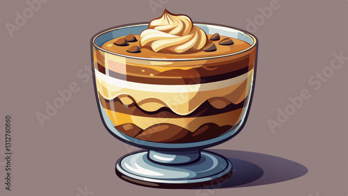 A cross-section view of a chocolate trifle with caramel in a clear glass. The dessert is layered with chocolate cake, creamy chocolate filling, caramel sauce, and whipped cream. Highly detailed 