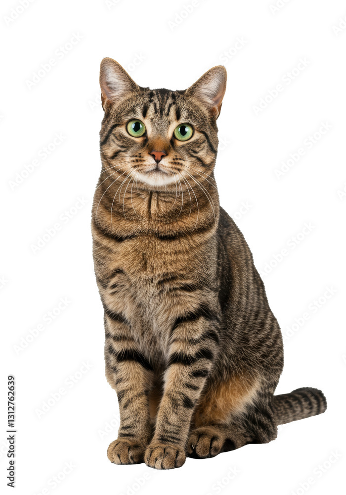 A brown tabby cat sits upright, displaying alert green eyes against a clean white background A brown tabby cat sits upright, displaying alert green eyes against a clean white background