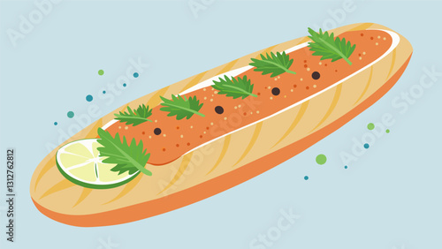 Thinly sliced French baguette topped with a smoked salmon spread and garnished with capers and dill.. Vector illustration