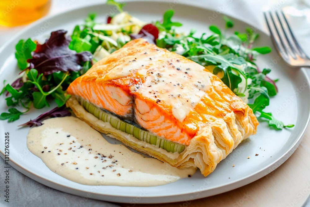 A beautifully plated salmon fillet rests on a bed of tender vegetables, garnished with vibrant greens and drizzled with a creamy sauce, perfect for a delightful meal A beautifully plated salmon fillet rests on a bed of tender vegetables, garnished with vibrant greens and drizzled with a creamy sauce, perfect for a delightful meal