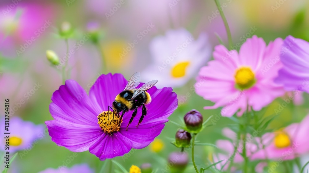 Bumblebee pollinating vibrant purple and pink wildflowers in blooming garden Bumblebee pollinating vibrant purple and pink wildflowers in blooming garden