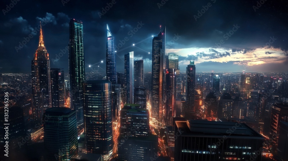 Obraz premium Futuristic Skyscrapers with Stars and Dramatic Sky