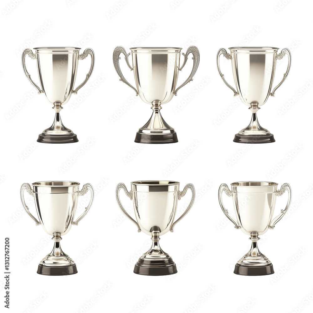 A set of six elegant silver trophy cups showcasing their design on a transparent background, Silver Trophy Cups Set on transparent background A set of six elegant silver trophy cups showcasing their design on a transparent background, Silver Trophy Cups Set on transparent background