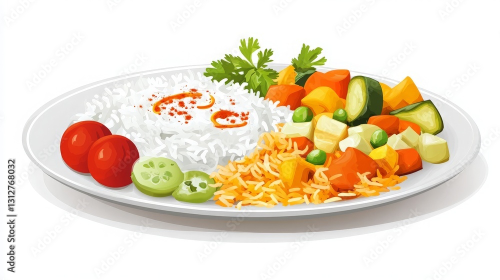 A Vibrant Plate of Colorful Vegetarian Rice Dish Garnished with Fresh Vegetables, Perfect for Healthy Eating and Culinary Inspiration. A Vibrant Plate of Colorful Vegetarian Rice Dish Garnished with Fresh Vegetables, Perfect for Healthy Eating and Culinary Inspiration.