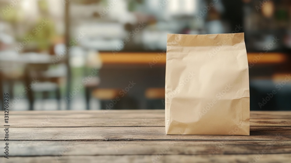 Brown paper bag on wooden table in a cozy cafe setting with blurred background Brown paper bag on wooden table in a cozy cafe setting with blurred background