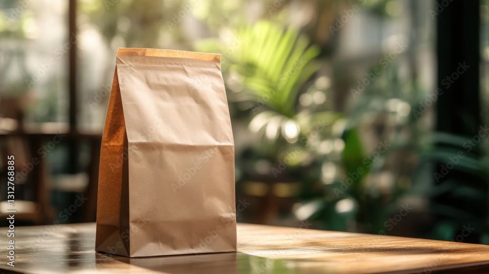 Freshly prepared takeaway food bag on a wooden table in a cafe with green plants around Freshly prepared takeaway food bag on a wooden table in a cafe with green plants around